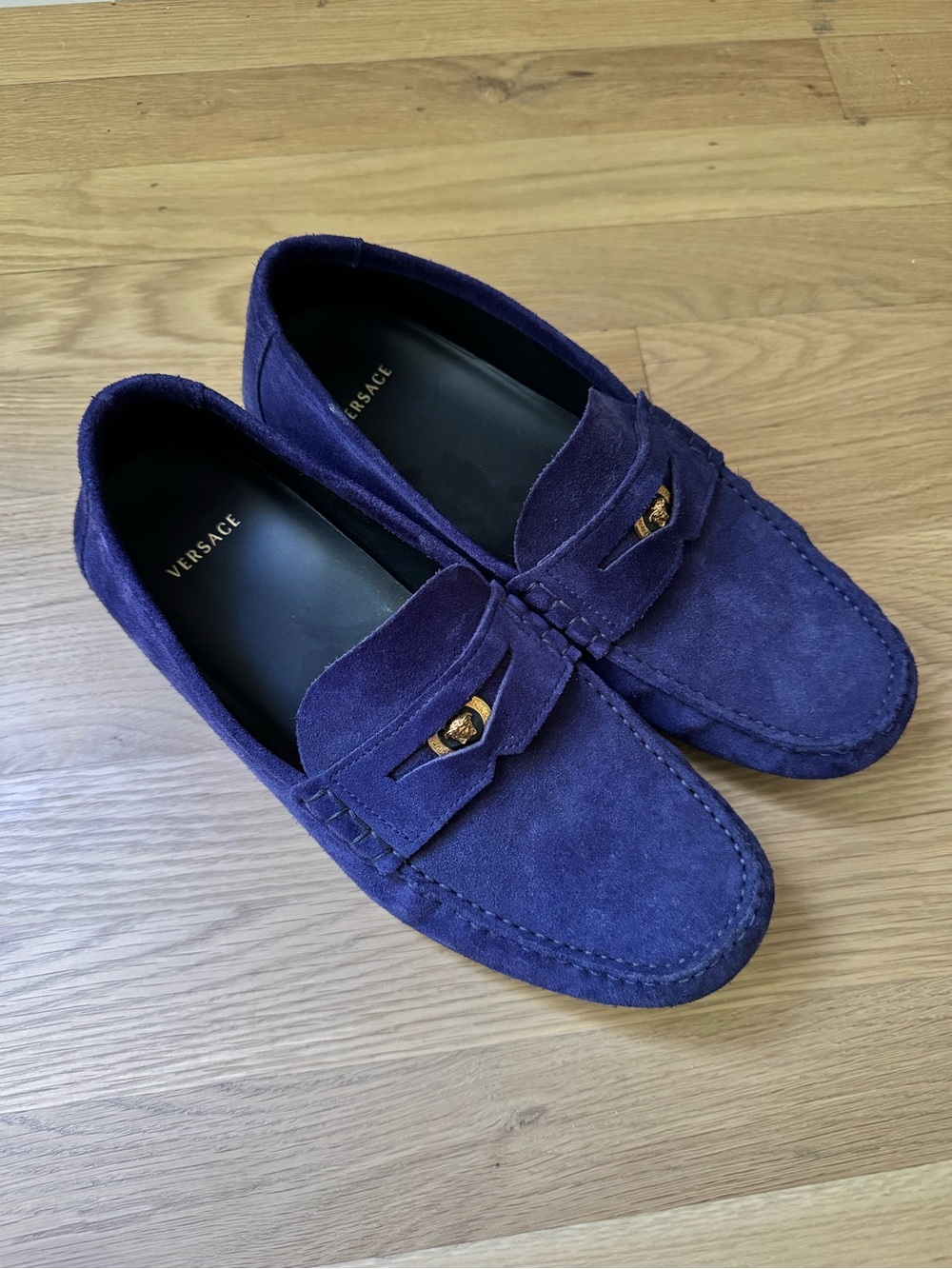 Versace Men's Deep Purple/Blue Suede Penny Loafers with Gold Accent